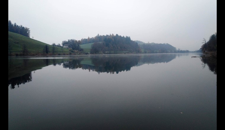 Le Rotsee, près de Lucerne, est un lieu d’expérimentation idéal, car très peu venteux. L’air froid de novembre refroidit l’eau à la surface du lac et crée ainsi un courant. (Photo : Tomy Doda, Eawag)