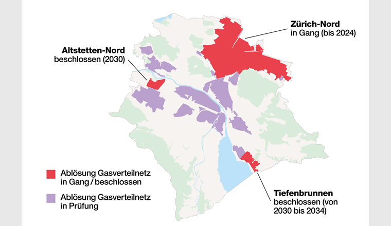 Übersichtskarte zur Ablösung des Gasverteilnetz. Die rot gekennzeichneten Gebiete sind bereits in Gang resp. beschlossen. (© Stadt Zürich)