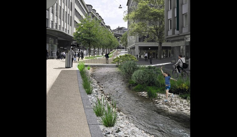 Photomontage de la rue centrale avec le Flon et ses aménagements. ©Collectif Affluents, 2024