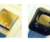 Links: Chip mit zwei individuellen ISFETs in jeweils einer n-Wanne, gebondet auf einer Keramikplatine. Rechts: Chip wie zuvor, chemisch inert verkapselt. (Bild: Fraunhofer IPMS)