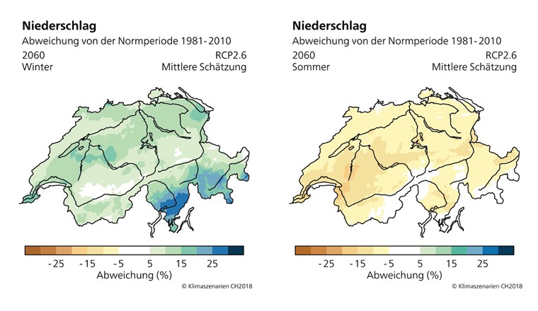 Fig. 3 Deviazione prevista delle precipitazioni medie dal periodo standard per le stagioni inverno (da dicembre a febbraio) ed estate (da giugno ad agosto) per lo scenario di emissione RCP2.6 con mitigazione dei cambiamenti climatici. Le variazioni relative delle precipitazioni stagionali entro la metà del secolo (2060) sono maggiori in inverno nel Ticino meridionale e sull'Altopiano centrale. In estate, si prevede una diminuzione delle precipitazioni medie in tutta la Svizzera. (Fonte: NCCS; https://www.nccs.admin.ch/nccs/de/home/klimawandel-und-auswirkungen/schweizer-klimaszenarien/zahlen-und-fakten/niederschlag.html)