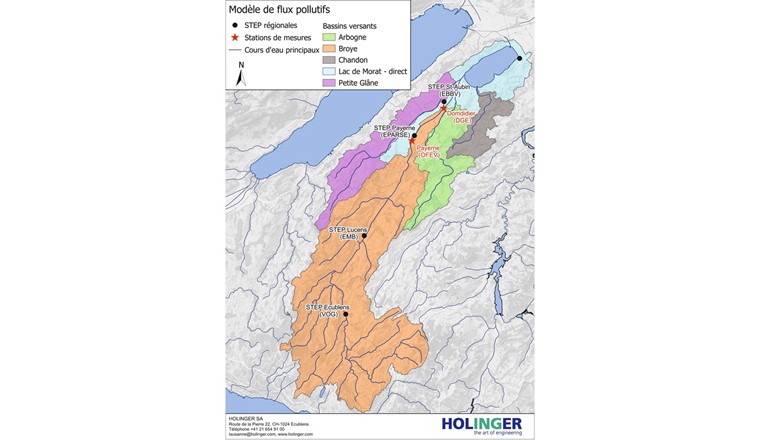 Fig. 2 Bassin versant du lac de Morat. La carte illustre également l’emplacement de la STEP de Payerne et de la station de mesure de débit de l’OFEV et de la station de mesure de concentration du Canton de Vaud à Domdidier.