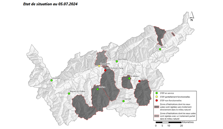 Etat de la situation de l’’épuration dans le Canton du Valais le 05 juillet 2024. © Etat du Valais (https://www.vs.ch/web/sen/etat-des-step-valaisannes)