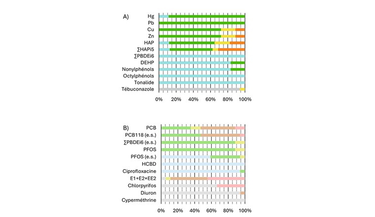 Fig. 1 Résultats globaux de l’évaluation de la qualité des sédiments pour chaque substance ou groupe de substances (nombre de sites d’étude (%) dans chaque catégorie). (A): substances avec CQS définitives; (B): substances avec CQS provisoires. (e.s.): CQS pour protéger les prédateurs d’un empoisonnement secondaire. HAP et PCB: code couleur selon le pire des cas pour les substances individuelles. ∑HAPi₅: somme des RQ pour les cinq HAPi avec CQS définitive. ∑PBDEi₆: CQS dérivé pour la somme des six PBDE indicateurs.