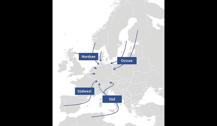 Schematische Darstellung europäischer Importkorridore (aktuell angedachter Stand; gestrichelte Linie symbolisiert perspektivische Ausbaustufe) (Bild: BMWK)