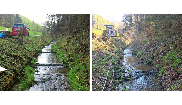 Fig. 2 Das Ribilochbächli in den Jahren 2014 (l.) und (r.) 2019. (Bild links: R. Tester; Bild rechts: N. Sarbach)