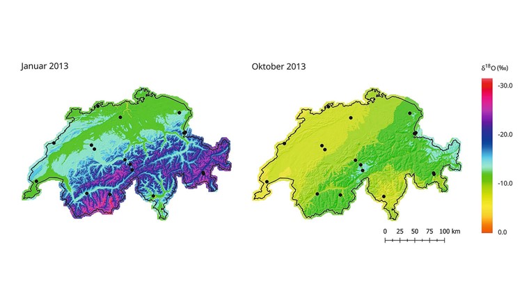 Fig 3 Modèles spatiaux d'oxygène-18 générés par le modèle d'interpolation en janvier 2013 (à gauche) et en octobre 2013 (à droite). Les points noirs représentent les stations ISOT.