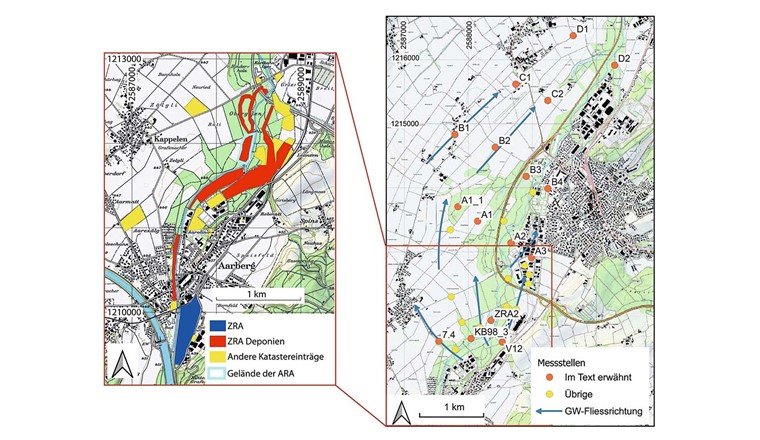 Fig. 1 Karte mit Deponien der ZRA, anderen belasteten Standorten (links) sowie Grundwasser-Messstellen und -Fliessrichtungen (rechts) [11].