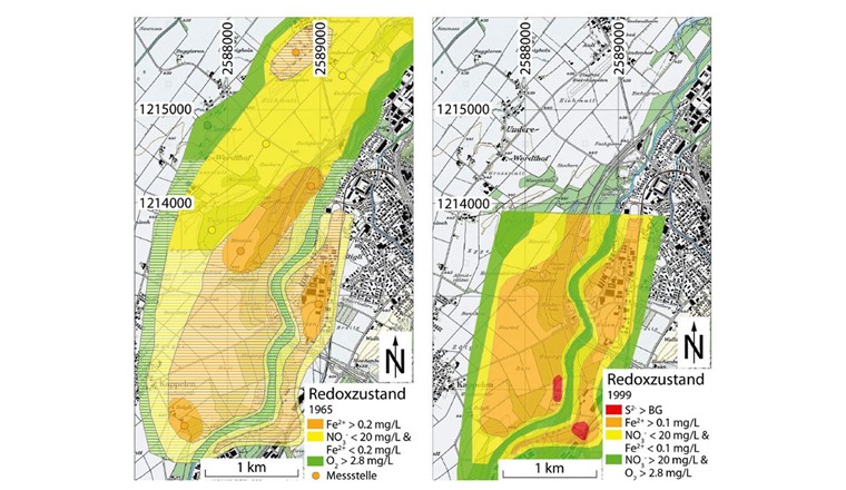 Fig. 7 (1) Extension approximative du panache redox en 1965, 1982, 1999 et 2015.hachuré : Zones avec de grandes incertitudes quant à l'état d'oxydoréduction.