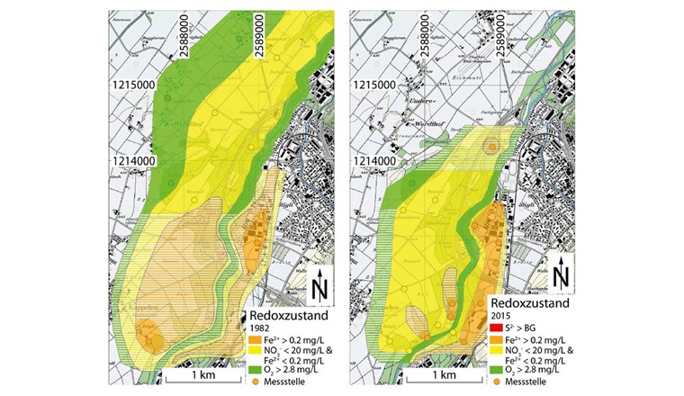 Fig. 7 (2) Ungefähre Ausdehnung der Redoxfahne in den Jahren 1965, 1982, 1999 und 2015.Schraffiert: Gebiete mit grossen Unsicherheiten bezüglich Redoxzustand.