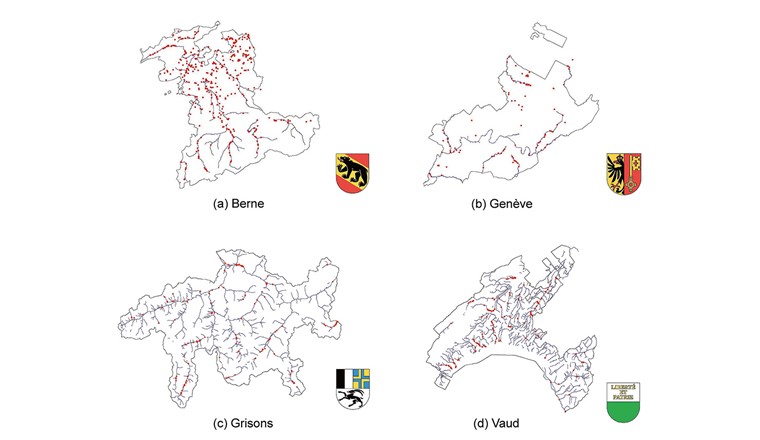 Fig. 2 Distribution géographique des projets de renaturation et des tronçons de pêche dans les quatre cantons de l’étude. Les points indiquent les lieux de renaturation. Les cartes ont été établies à partir des géodonnées mises à la disposition des cantons.