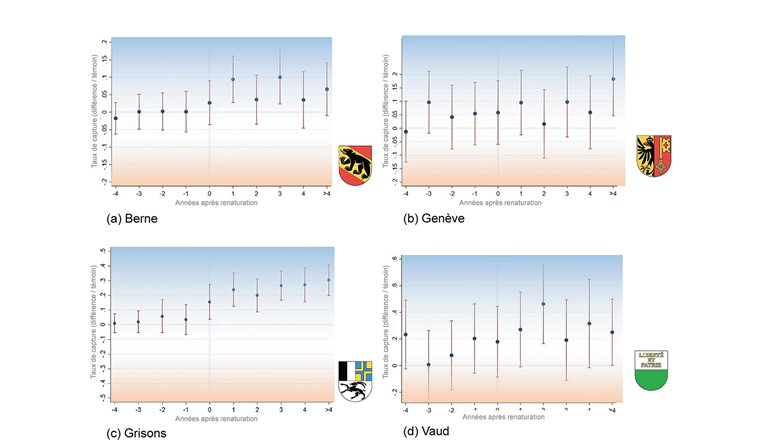 Fig. 4 Évolution au cours du temps de l’effet estimé des renaturations sur les captures par sortie de pêche. Les graphiques indiquent la différence par rapport aux tronçons témoins du taux de capture mesuré annuellement dans les tronçons évalués en amont et en aval des secteurs renaturés dans les années précédant et suivant une renaturation. Les lignes verticales indiquent l’intervalle de confiance de 95 %.