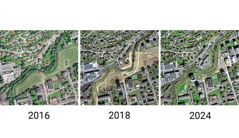 Modifications du tronçon ‹Morépont mont› : parallèlement à la revitalisation généreuse du cours d'eau, un nouveau quartier est construit sur les anciennes surfaces agricoles (pôle de développement). (© geo.admin.ch)