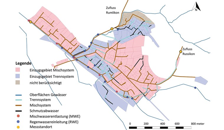 Fig. 1 Schéma de la zone d'étude, y compris les sites de mesure des micropolluants (MV). Les affluents des communes voisines ainsi que le bassin versant marqué en brun ont été pris en compte comme affluents dans le MOS par des mesures de débit [7].