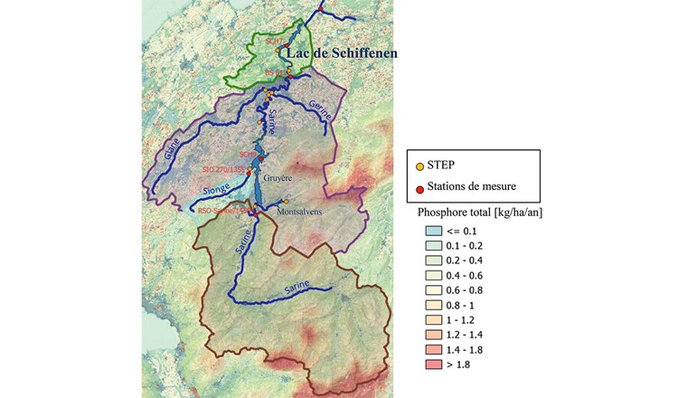 Fig. 7 Carte du phosphore diffus total, sur laquelle les lacs et les rivières du bassin versant du lac de Schiffenen sont identifiées. Les principales STEP, de même que les stations de mesures cantonales sont représentées. Le fond de plan correspond aux données Modiffus: les apports en phosphore en kg/ha/an sont donnés avec l’échelle à droite de la figure.