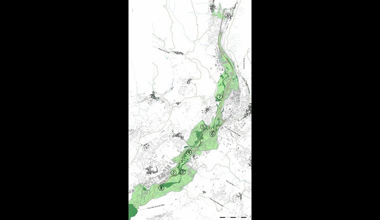 Die Karte zeigt die Ausmasse des Parks, der teilweise durch dicht besiedeltes Gebiet und stark genutzte Industrie führt. Die Zahlen geben die Aufnahmeorte der Fotos an.