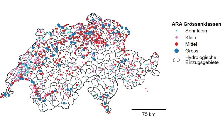 Die meisten und grössten Kläranlagen befinden sich dort, wo auch der grösste Wasserbedarf besteht (Grafik: Eawag).