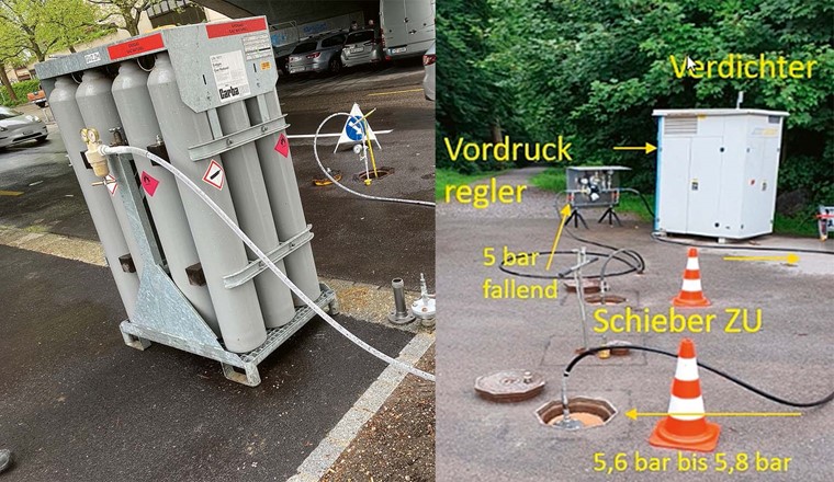 Fig. 3 Flaschenbündel, in das das Gasgemisch abgepumpt wird.
Fig. 4 Ablauf des Umpumpens.