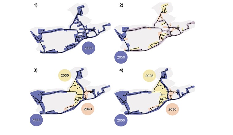 Fig. 1 Übersicht der vier Vorgehensoptionen bei der Stilllegung von Gasnetzen anhand eines Testquartiers.