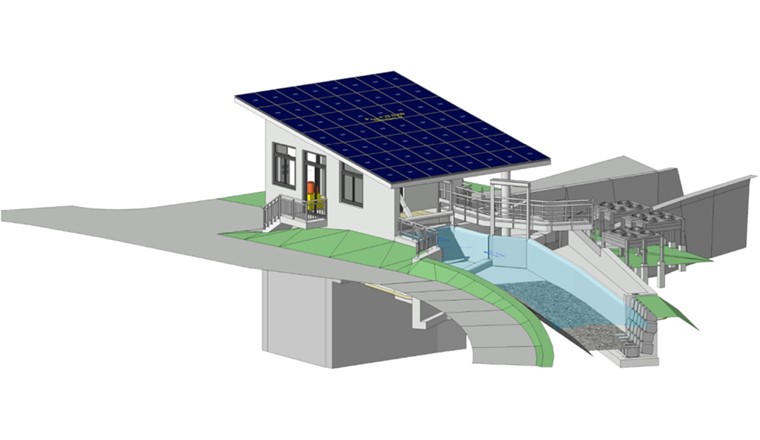 Schematische Darstellung einer hybriden Nutzung von Bestandsbauwerken im Rahmen einer Kraftwerkserneuerung mit zusätzlicher energetischer Nutzung durch Wärmetauscher im Kraftwerksauslauf sowie Solardach als weitere Energiequelle zum Antrieb der Wärmepumpen. (Bild: Hydro Energie Roth GmbH)