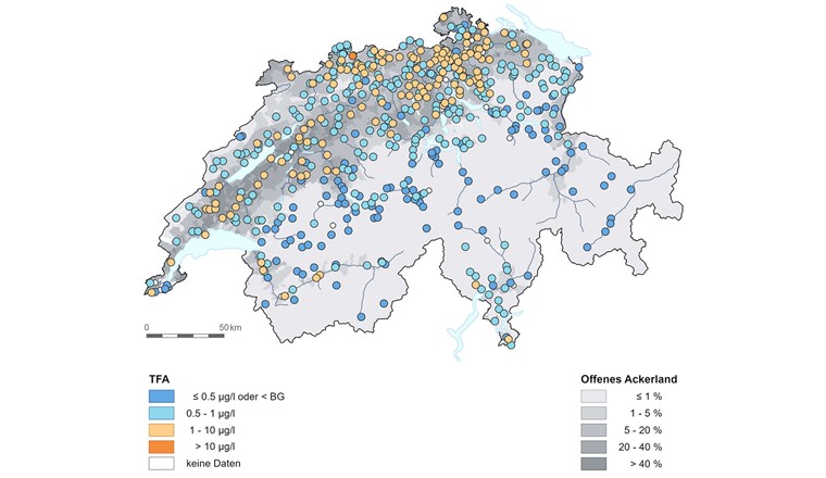 TFA im Grundwasser. Daten: NAQUA 2022/ 2023 (Bild: Nationale Grundwasserbeobachtung NAQUA, Bundesamt für Umwelt BAFU)