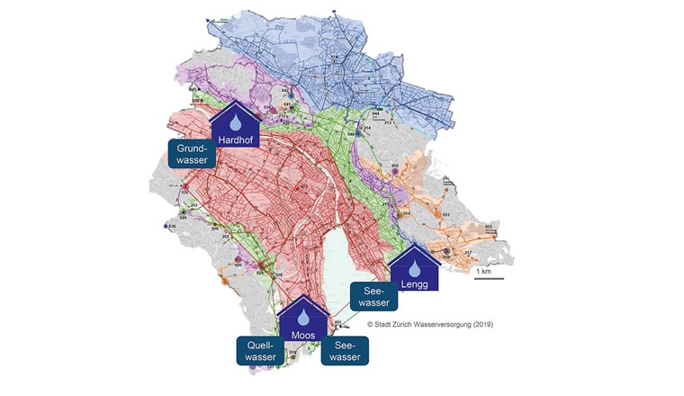 Fig. 1 Trinkwasserverteilnetz in der Stadt Zürich. Die unterschiedlichen Farben zeigen verschiedene Druckzonen an. Die ungefähre Lage der drei Wasserwerke ist markiert.