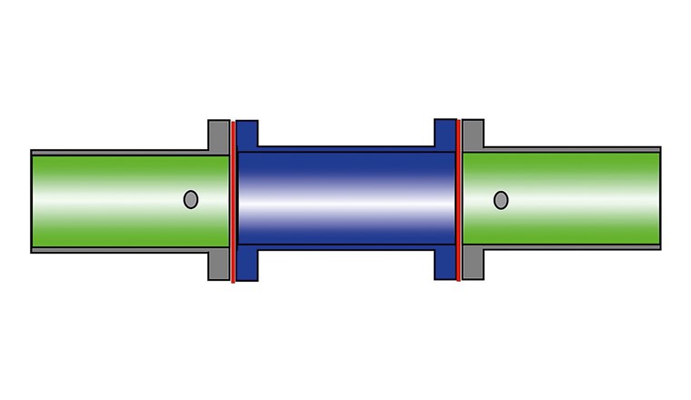 Fig. 8 L'installation d'un raccord à bride isolant (lignes rouges) permet d'éviter l'élément galvanique entre l'acier inoxydable (bleu) et les défauts du revêtement de l'acier au carbone (vert).