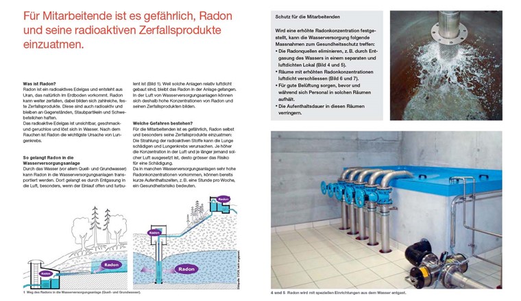 Extraits de la brochure de la SUVA sur le radon dans l'approvisionnement en eau. Elle montre comment les collaborateurs des entreprises de distribution d'eau peuvent être protégés contre les dangers du radon.