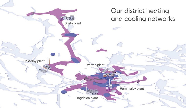 Die Gebiete in und um Schwedens Hauptstadt, die Stockholm Exergi mit Fernwärme (pink) und Fernkälte (blau) versorgt. Eingezeichnet sind ebenfalls die fünf grossen Wärmeproduktionsanlagen.