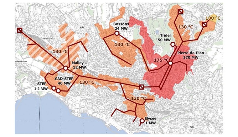 Fig. 3 Zones desservies en 2024 par le réseau de chauffage à distance lausannois.