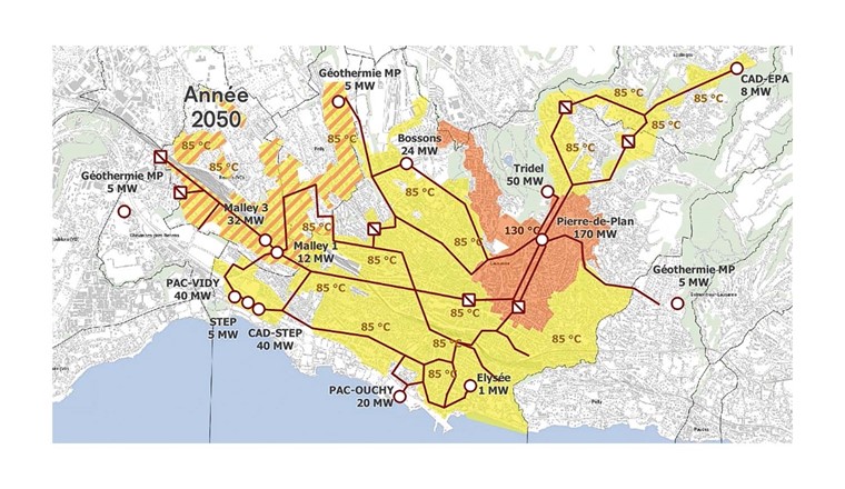 Fig. 4 Développement du réseau de chauffage à distance lausannois à l’horizon 2050.