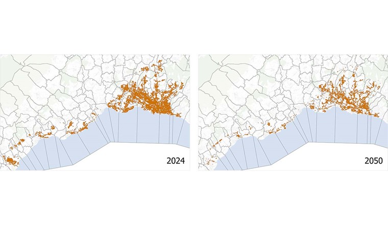 Fig. 7 Les réseaux actuels de distribution et de transport de gaz (à gauche) et les réseaux prévus en 2050 (à droite).