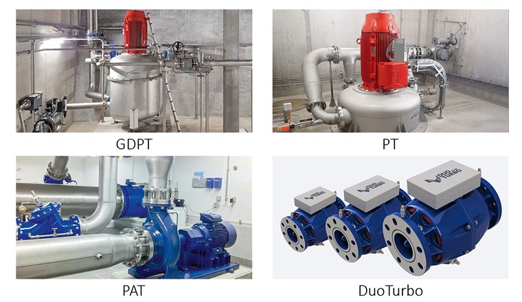 Fig. 1 Formes de construction des turbines. (Photo : GDPT, PT, PAT : Häny AG, www.haeny.com ; DuoTurbo : Altis Groupe SA, www.altis.swiss)