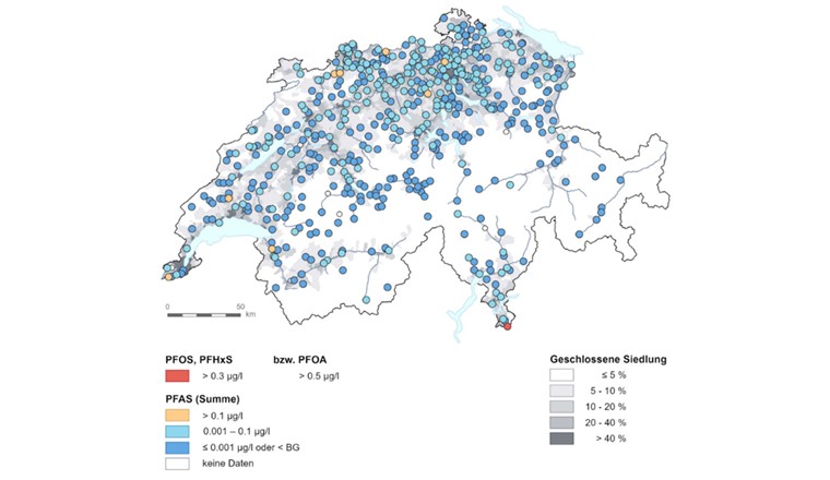 PFAS im Grundwasser. Daten: NAQUA, 2021 (Bild: BAFU)