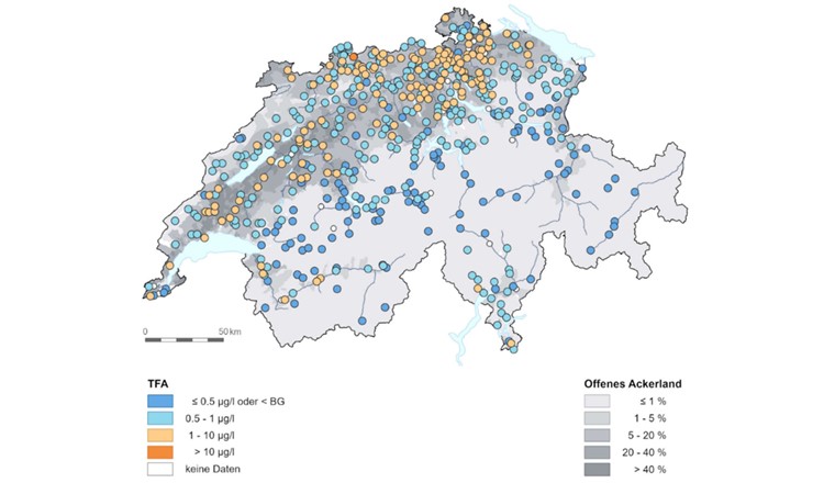 TFA im Grundwasser. Daten: NAQUA 2022/ 2023 (Bild: BAFU)