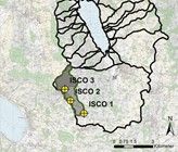 Karte des Einzugsgebiets des Baldeggersees mit Teileinzugsgebieten «Ron» (R), «Obere Ron» (OR), «Staegbach» (StB), «Spittlisbach» (SpB), «Muehlibach» (MB) und «Hoehibach» (HB) sowie den Standorten und Einzugsgebieten der drei automatischen Probenehmer ISCO 1, ISCO 2 und ISCO 3.